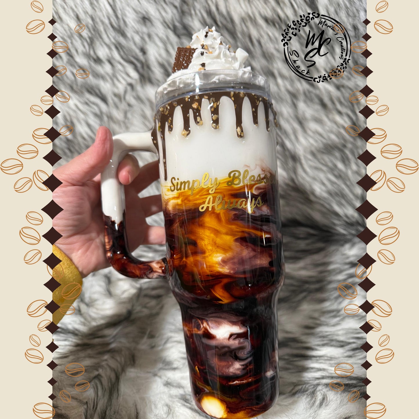 Espresso Macchiato Tumbler: Coffee Swirl, Chocolate Drip, Removable Topper