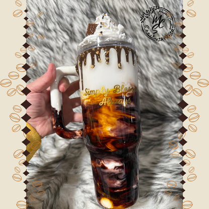 Espresso Macchiato Tumbler: Coffee Swirl, Chocolate Drip, Removable Topper