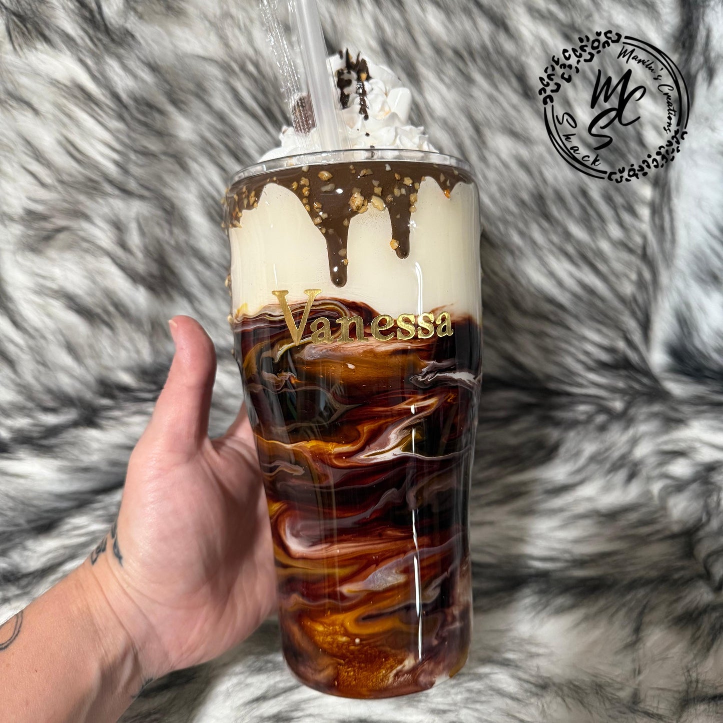 Espresso Macchiato Tumbler: Coffee Swirl, Chocolate Drip, Removable Topper