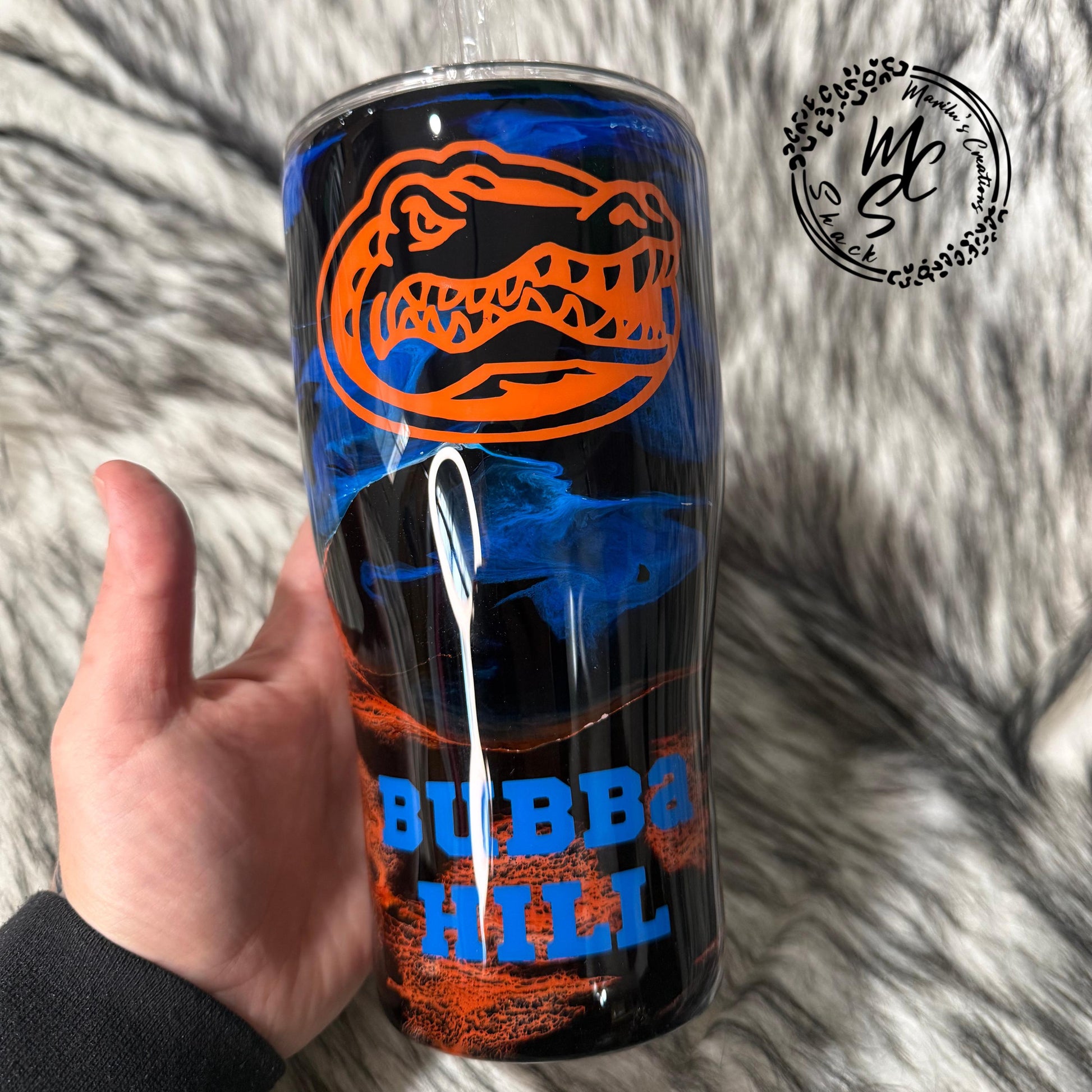 Blue and Orange Swirl Gator Tumbler: Insulated Stainless Steel Cup