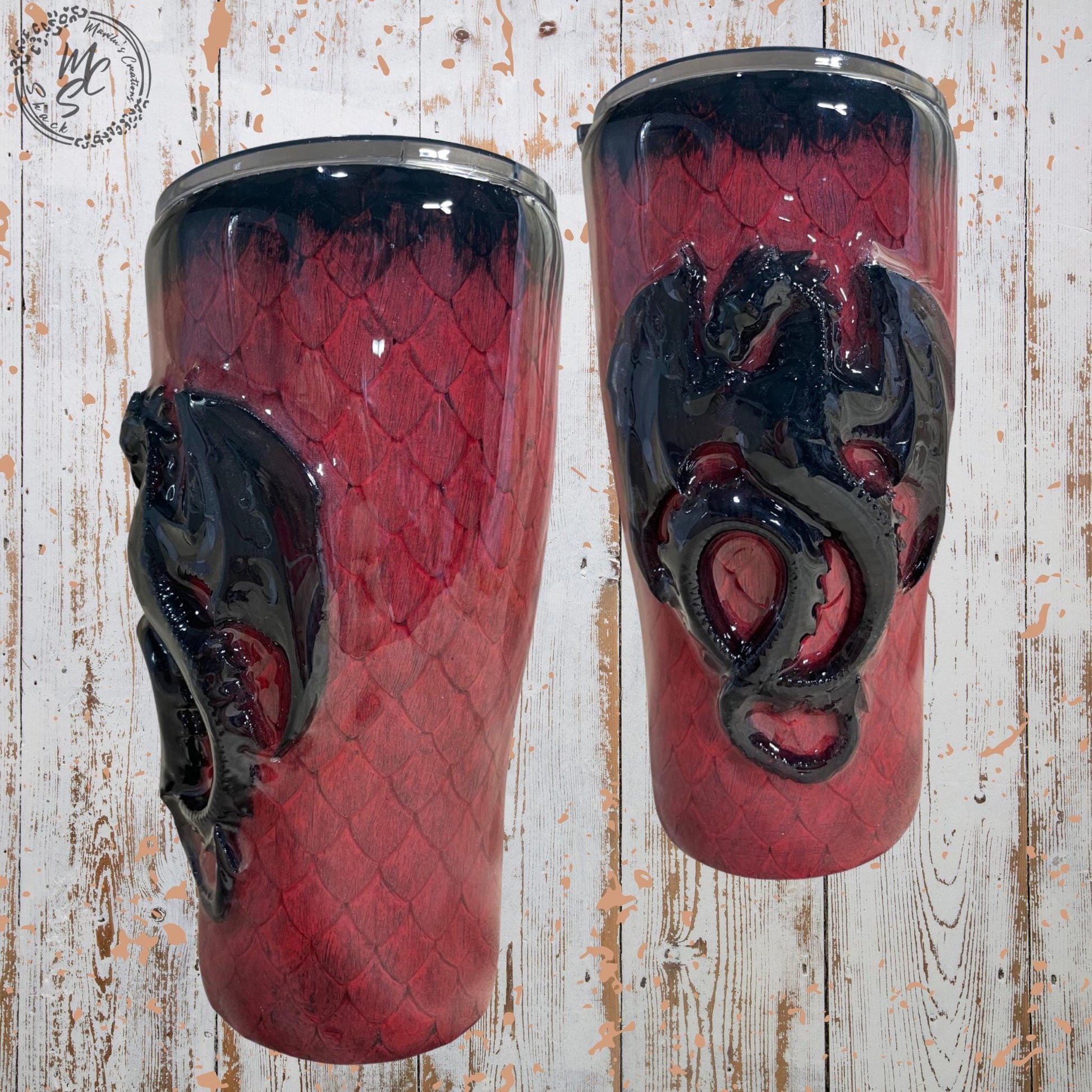 Personalized 3D Dragon Scale Tumbler, Red & Black Stainless Steel Cup, Handmade Fantasy Dragon Mug, Custom Name Gift