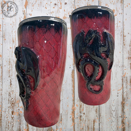 Personalized 3D Dragon Scale Tumbler, Red & Black Stainless Steel Cup, Handmade Fantasy Dragon Mug, Custom Name Gift