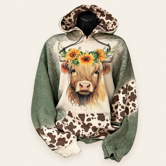 Highland cow sunflower hoodie, ivory background