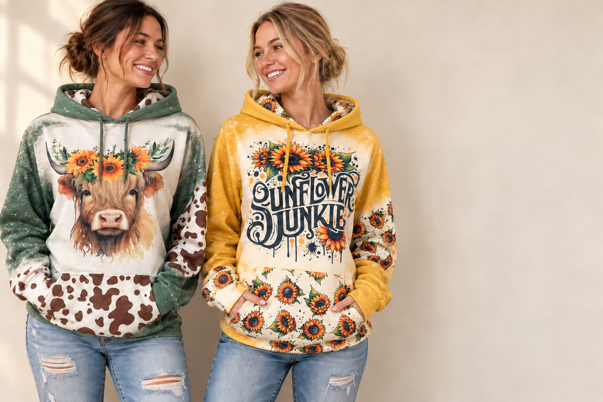 Model mockup of Marilu's hoodies with sage and yellow outer hoods and printed inner linings