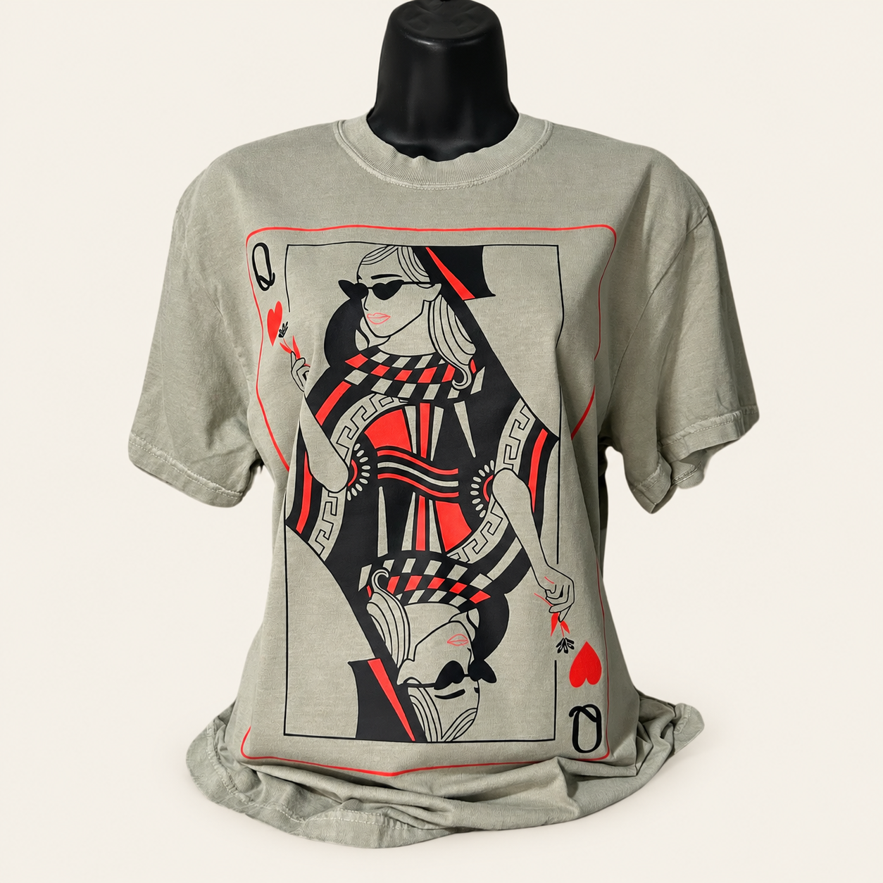 Sage Queen of Hearts T-shirt on warm ivory background