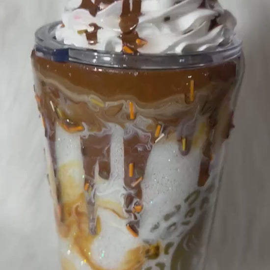 Caramel Mocha tumbler, customized personalized cup with realistic 3D whipped cream removable topper, caramel drizzle and 3d dripping.