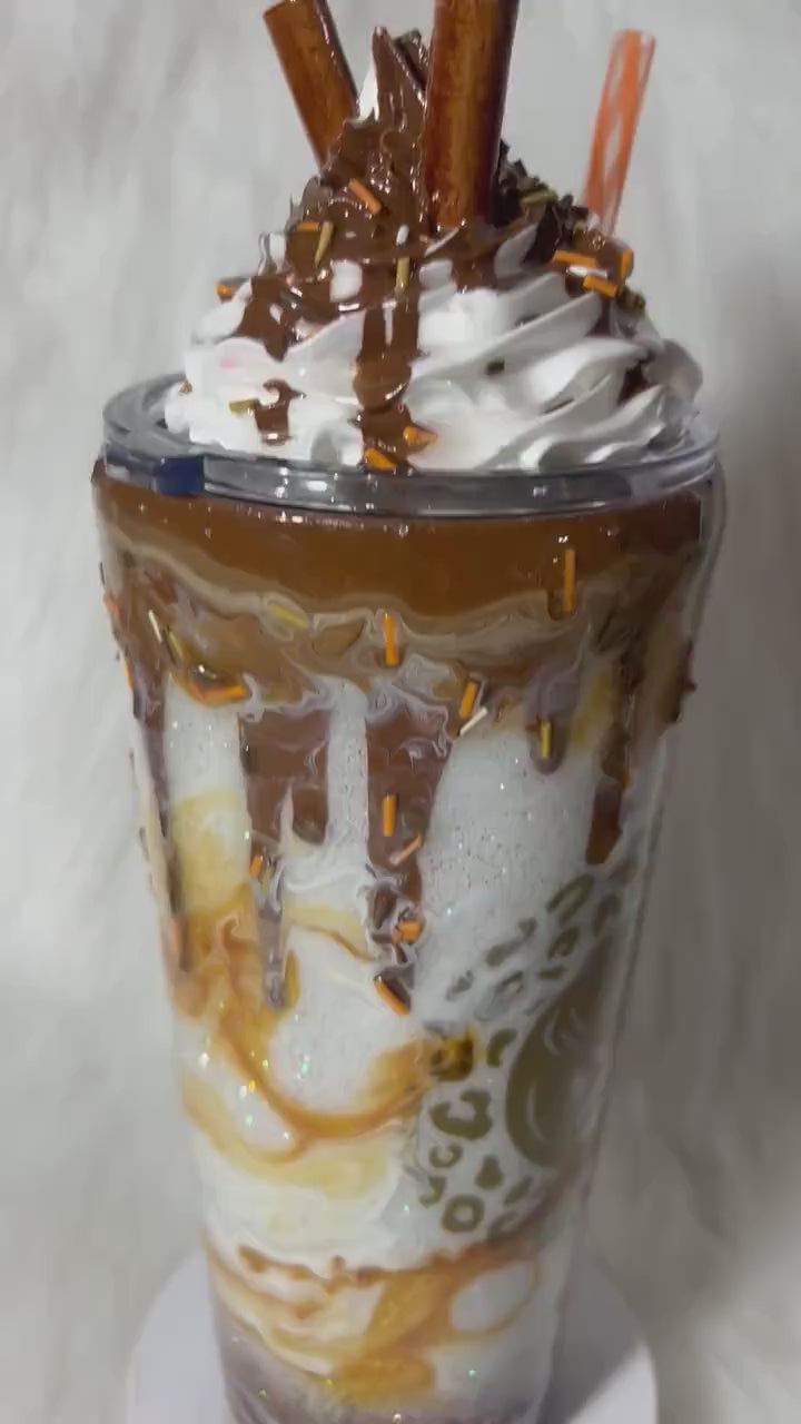 Caramel Mocha tumbler, customized personalized cup with realistic 3D whipped cream removable topper, caramel drizzle and 3d dripping.