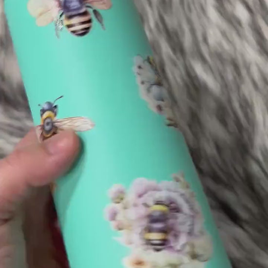 Flowers Bees Tumbler, Teal Turquoise Lid Tumbler, Insulated Water Tumbler, Hot Cold Coffee Tumbler, Tumbler with Straw