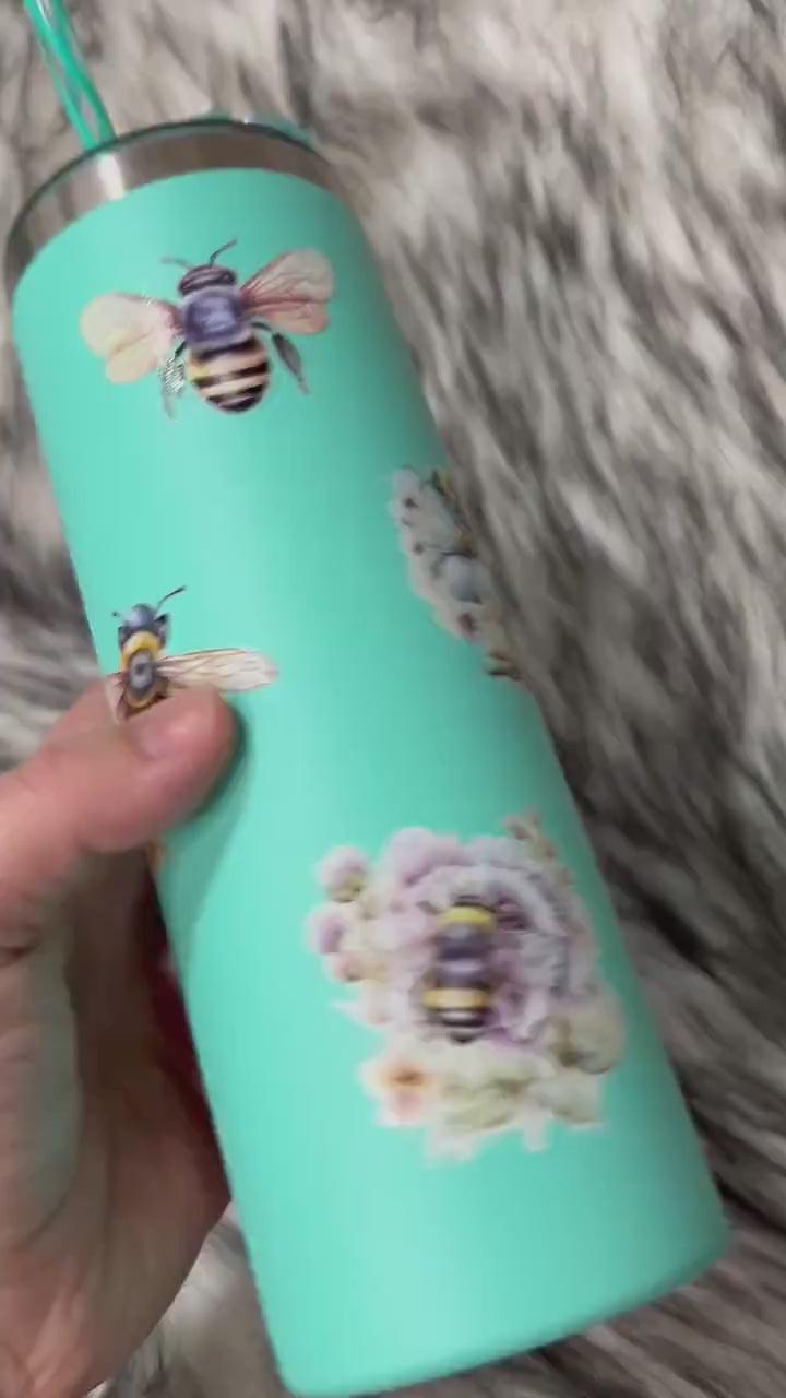 Flowers Bees Tumbler, Teal Turquoise Lid Tumbler, Insulated Water Tumbler, Hot Cold Coffee Tumbler, Tumbler with Straw