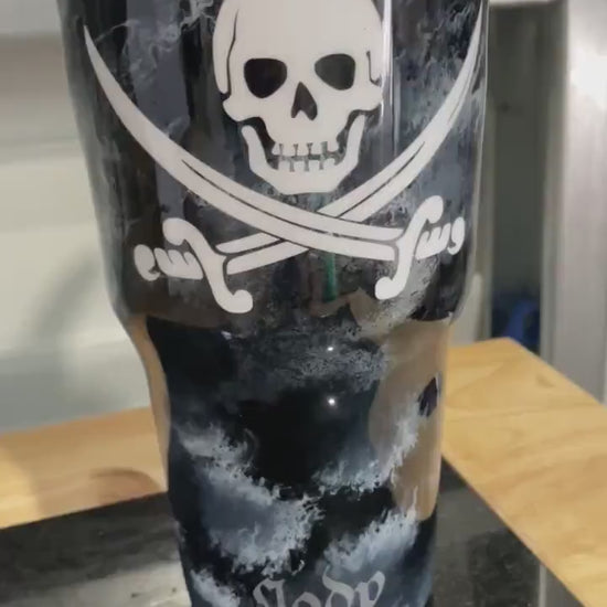 Pirate Tumbler (with slide lid and straw) pirate sword and skull with black background and white smoke effect