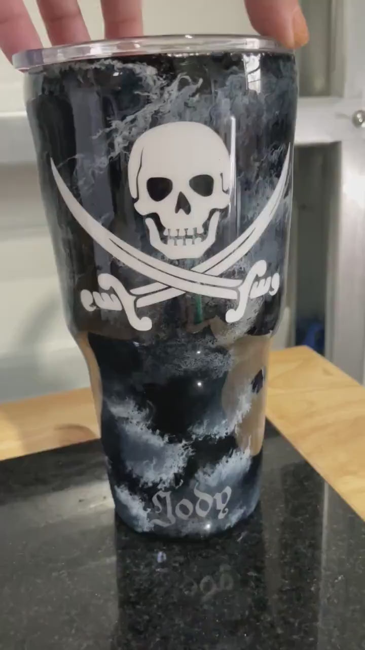 Pirate Tumbler (with slide lid and straw) pirate sword and skull with black background and white smoke effect