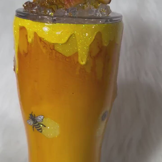 Bee Tumbler, honey bee and sunflowers 3D Tumbler with removable 3d Topper, 3d bees and honey dripping peekaboo yellow glitter tumbler.