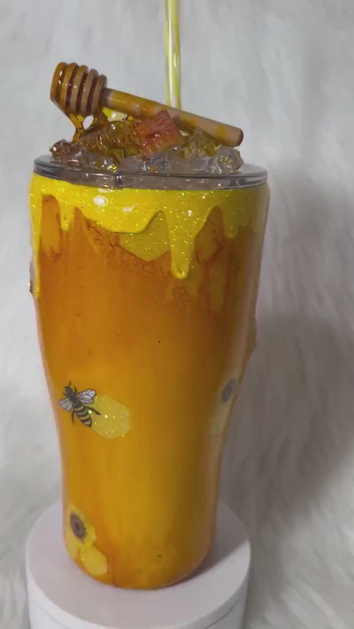 Bee Tumbler, honey bee and sunflowers 3D Tumbler with removable 3d Topper, 3d bees and honey dripping peekaboo yellow glitter tumbler.