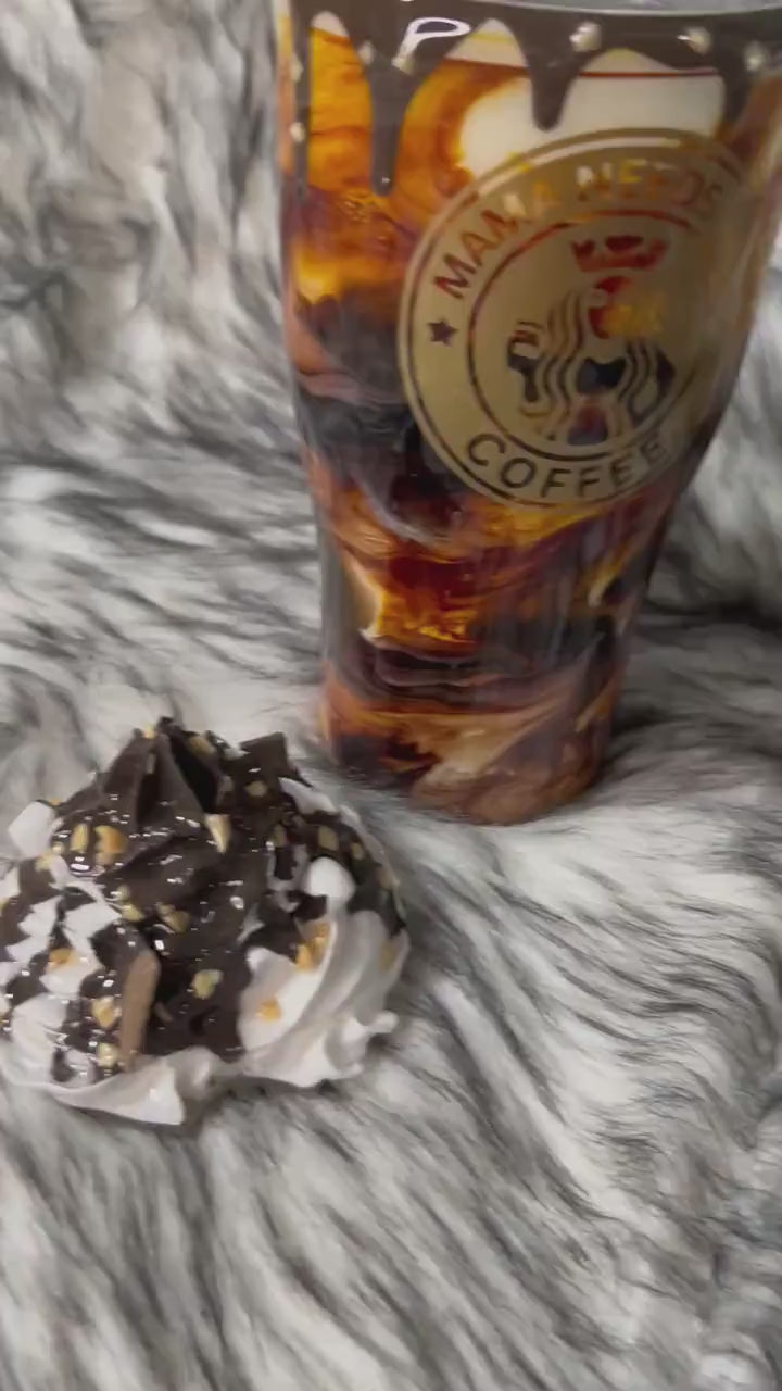 Coffee Swirl Espresso Macchiato Mama Needs her Coffee with realistic whipped cream removable topper, chocolate drizzle and dripping.