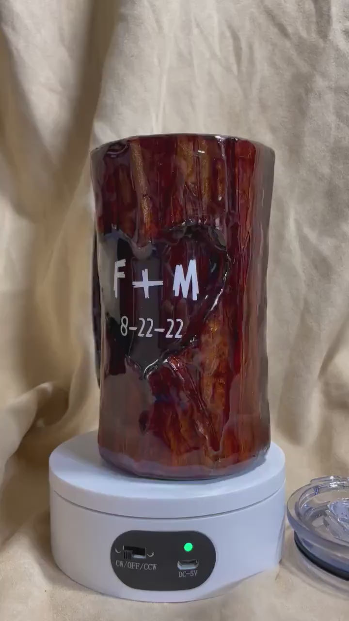 Wood tumbler, Log Mug Tumbler, 20oz personalized customized 3d handmade wood looking cup with a carved heart.