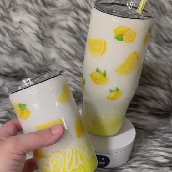 Mommy & Me Lemon print tumbler, Sparkly lemonade print tumbler (with slide screw on lid and straw), ombré glitter with white and yellow mix