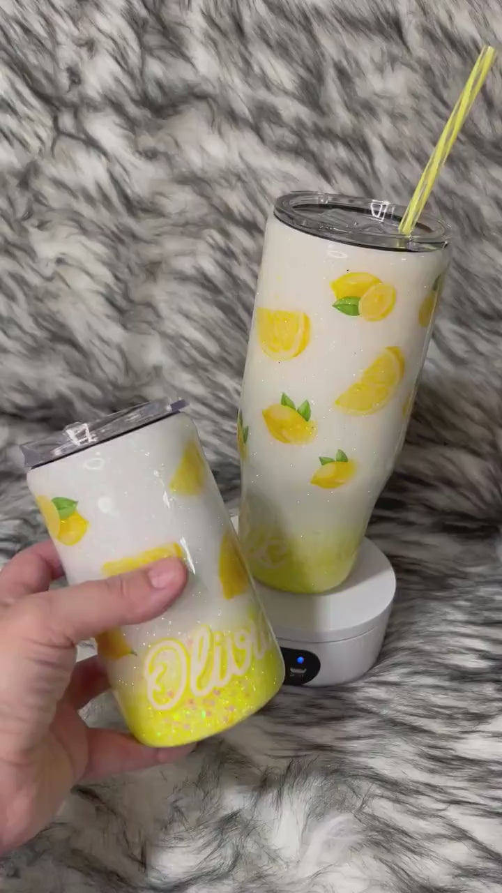 Mommy & Me Lemon print tumbler, Sparkly lemonade print tumbler (with slide screw on lid and straw), ombré glitter with white and yellow mix