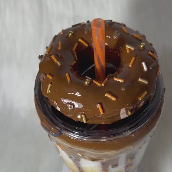 Caramel mocha donut Tumbler, 3d donut tumbler with caramel color dripping removable topper and sprinkles. 3d dripping glitter tumbler.