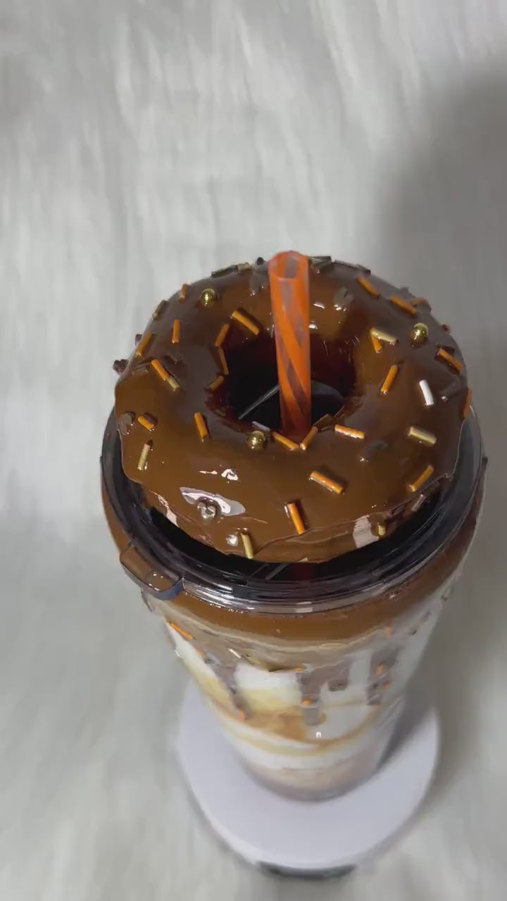 Caramel mocha donut Tumbler, 3d donut tumbler with caramel color dripping removable topper and sprinkles. 3d dripping glitter tumbler.