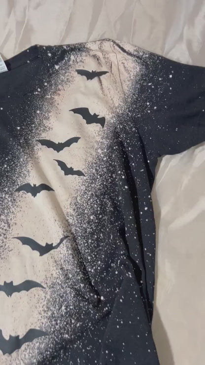 Black T-shirt bleach distressed bats top, Halloween or any occasion shirt. Gift for her.