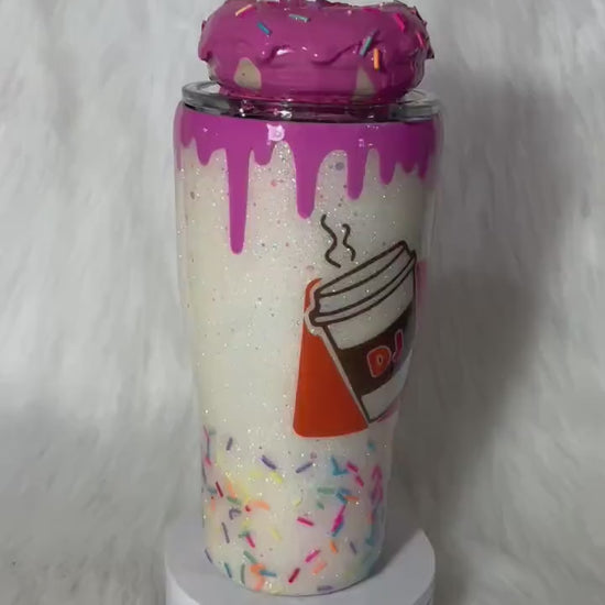 Dunkie Junkie Tumbler, 3d donut tumbler with pink dripping removable topper and sprinkles. 3d pink dripping glitter tumbler.