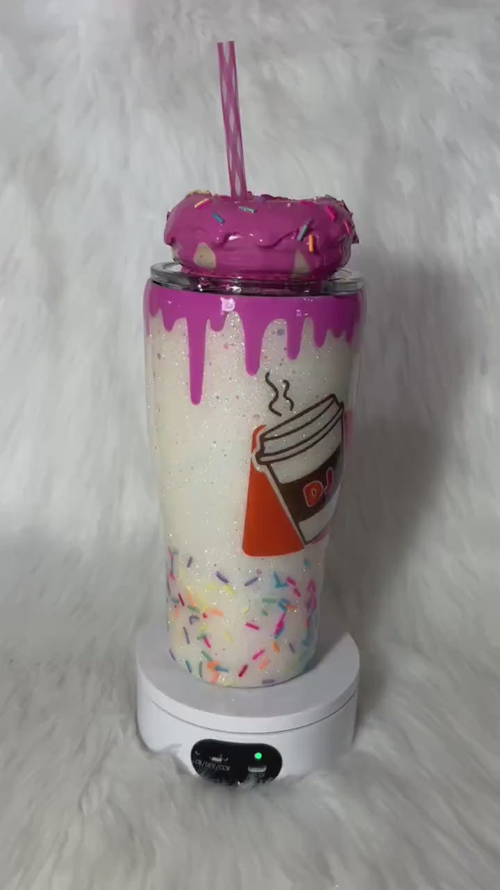 Dunkie Junkie Tumbler, 3d donut tumbler with pink dripping removable topper and sprinkles. 3d pink dripping glitter tumbler.