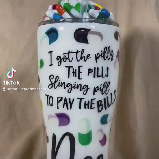 Pills custom tumbler, 3D fake pills removable topper, personalized with any text you want.