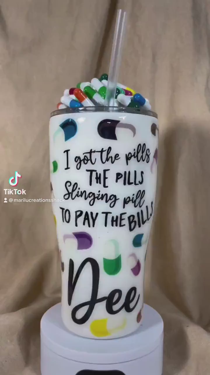 Pills custom tumbler, 3D fake pills removable topper, personalized with any text you want.