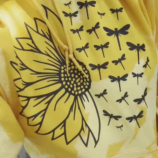 Bleached Sunflower Dragonflies Hoodie: Distressed Graphic Pullover