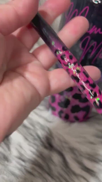 Black and Hot Pink glitter Leopard print personalized tumbler, option to get it with a matching pen. Personalized/Custom Pink Text