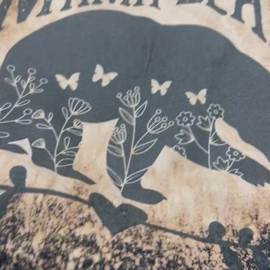 Mama Bear t-shirt, retro distressed Bear with butterflies and flowers lovers shirt, bleached black tee, super soft top, gift for her.