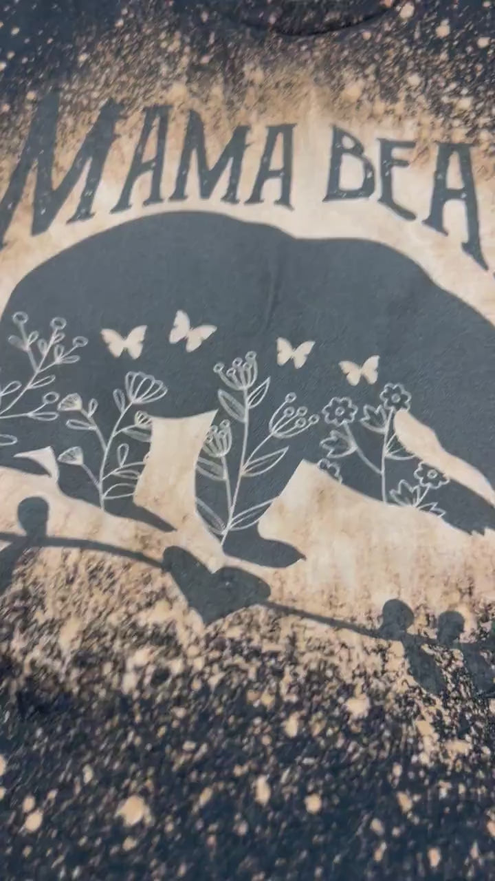 Mama Bear t-shirt, retro distressed Bear with butterflies and flowers lovers shirt, bleached black tee, super soft top, gift for her.