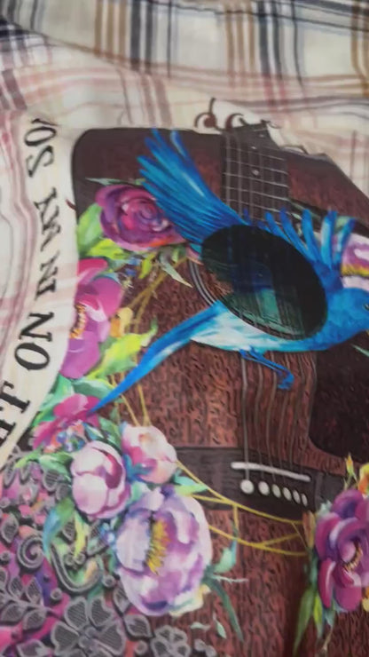 Bleached Flannel Shirt: Guitar, Bluebird & Floral Design