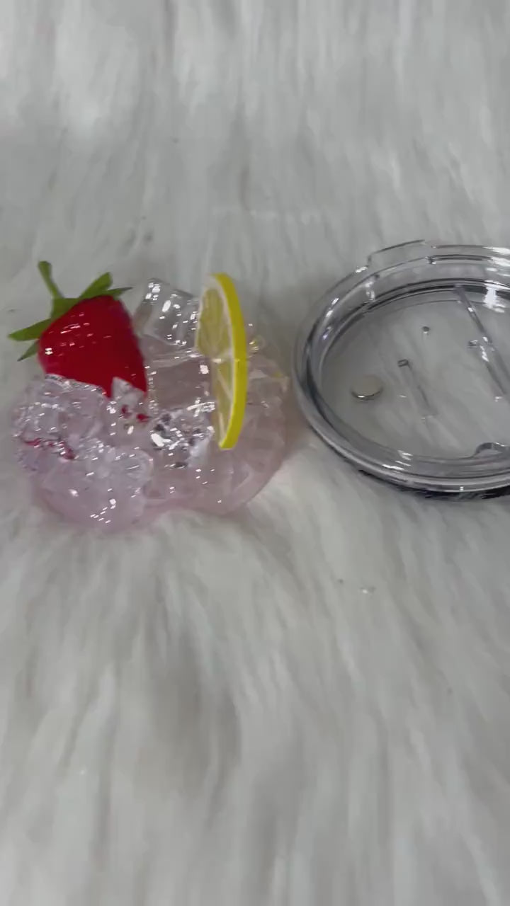 Strawberry Lemon and ice removable toppers and lid for different size tumblers. Fruit and Ice topper replacement lid. Tumbler top