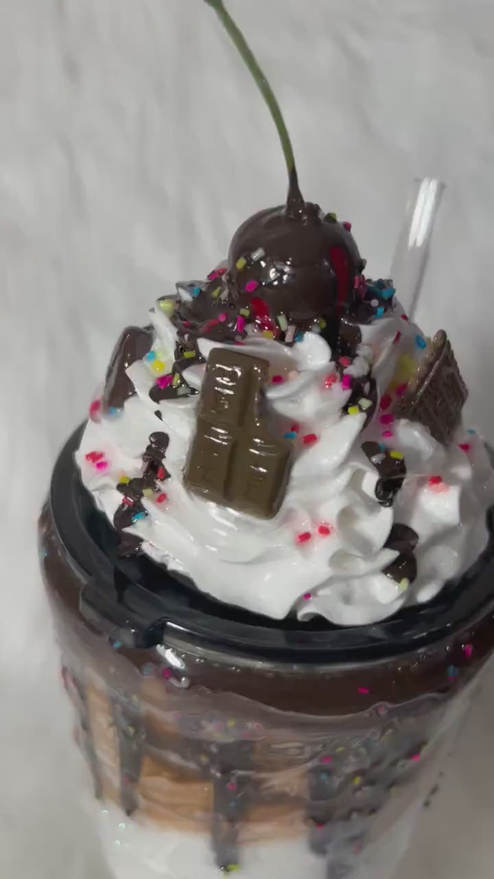 Chocolate Mocha tumbler with a realistic whipped cream removable topper and chocolate drizzle 3d dripping glitter cup. Personalizeable.