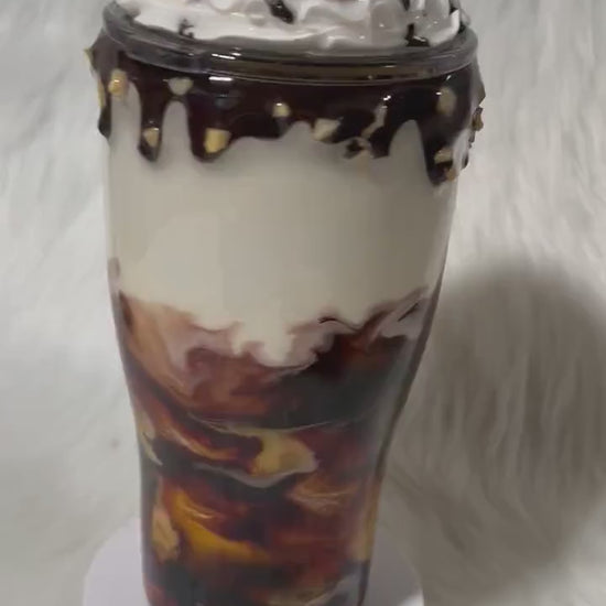 Coffee Swirl Espresso Macchiato style tumbler with chocolate dripping and crushed nuts, realistic whipped cream removable topper.