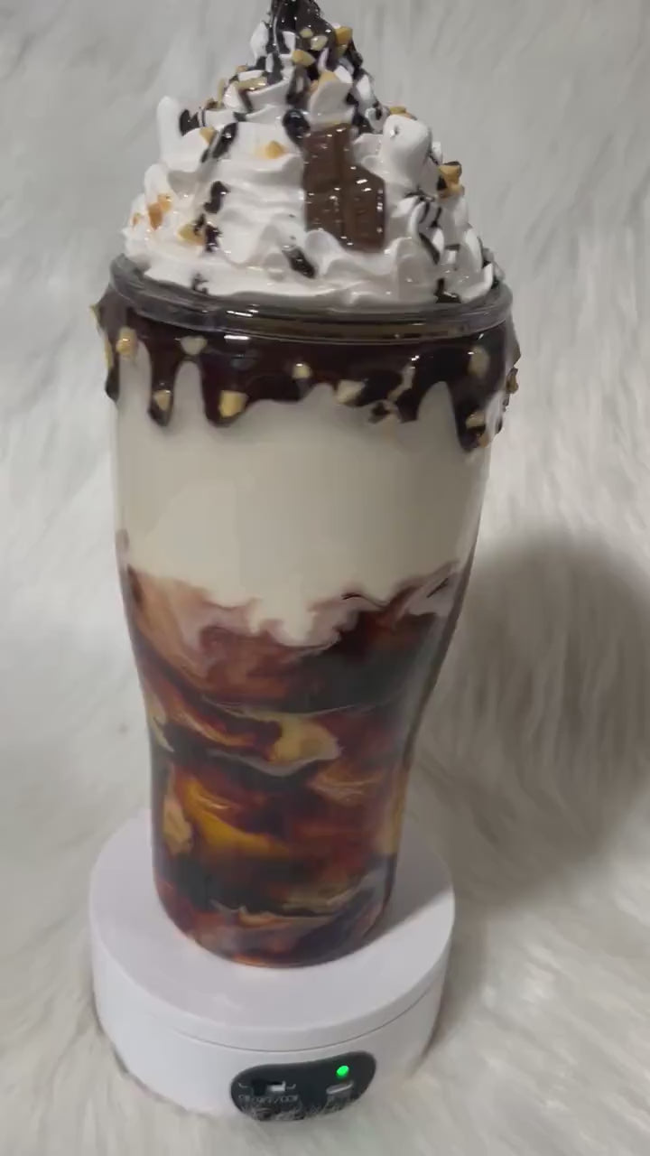 Coffee Swirl Espresso Macchiato style tumbler with chocolate dripping and crushed nuts, realistic whipped cream removable topper.