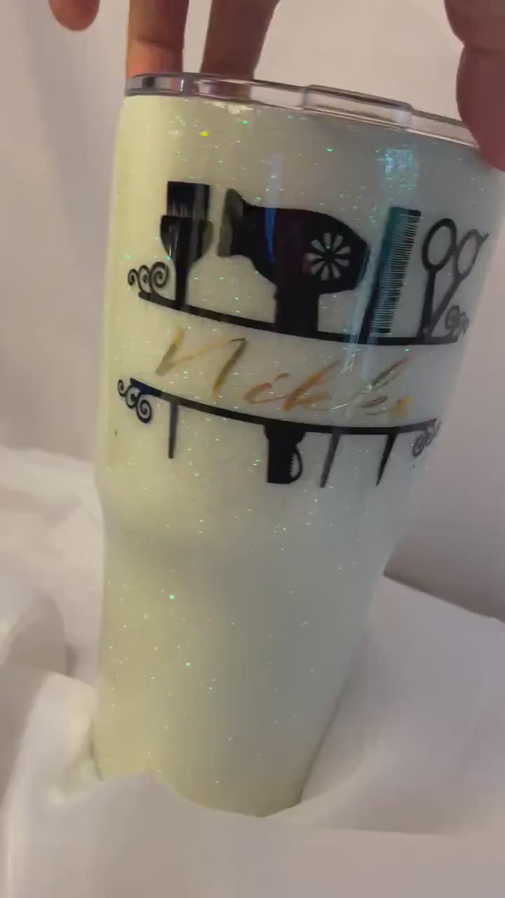 White glitter hair stylist Tumbler with personalized name (choose your shape and size)
