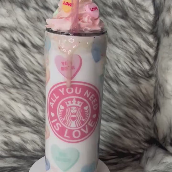 Valentines Tumbler: 3D Candy Heart Topper, Glitter Drip - 20oz/30oz Skinny