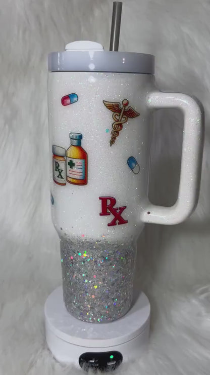 Pharmacy Tech tumbler on a white and silver glitter background , pharmacist cup, white and silver tumbler personalizeable.