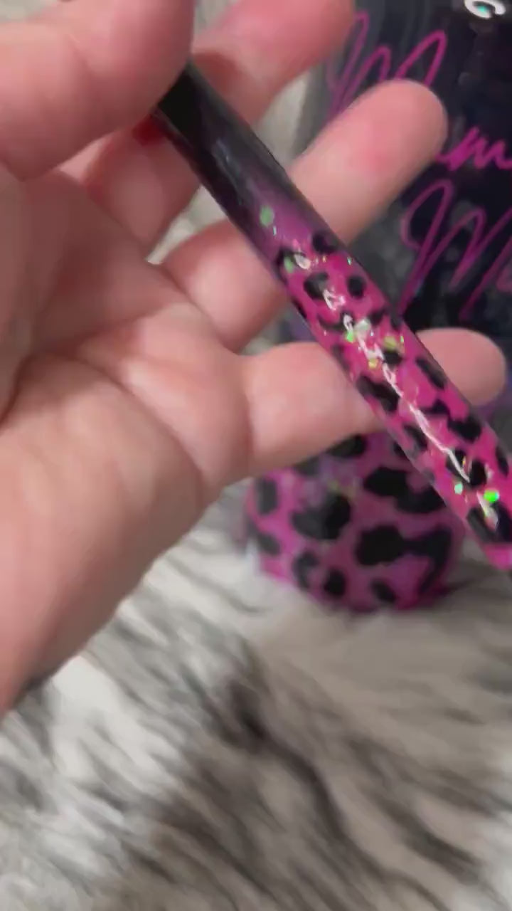 Pink and Black Leopard Tumbler, Pink Glitter Tumbler, Custom Name Tumbler, Stainless Steel Tumbler and Pen, Tumbler with Straw