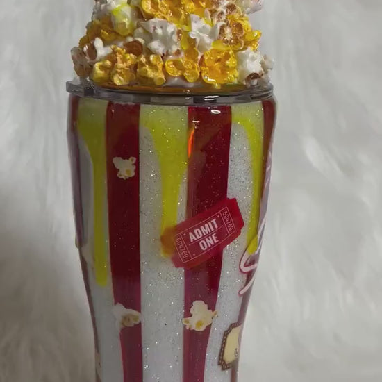 Popcorn Tumbler with 3D removable topper with realistic kernels and 3d butter dripping, welcome to the sh*t show cup, red and white glitter
