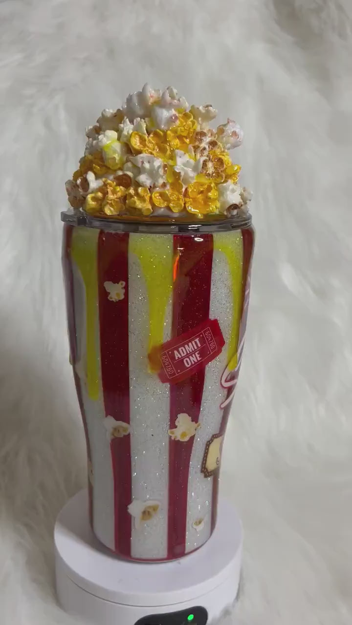 Popcorn Tumbler with 3D removable topper with realistic kernels and 3d butter dripping, welcome to the sh*t show cup, red and white glitter