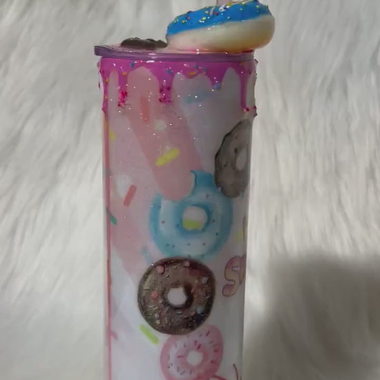 Donut Tumbler, 20oz Straight Skinny Whatever Sprinkles Ya Donut with 3d donut and chocolate pieces topper with a touch of glitter