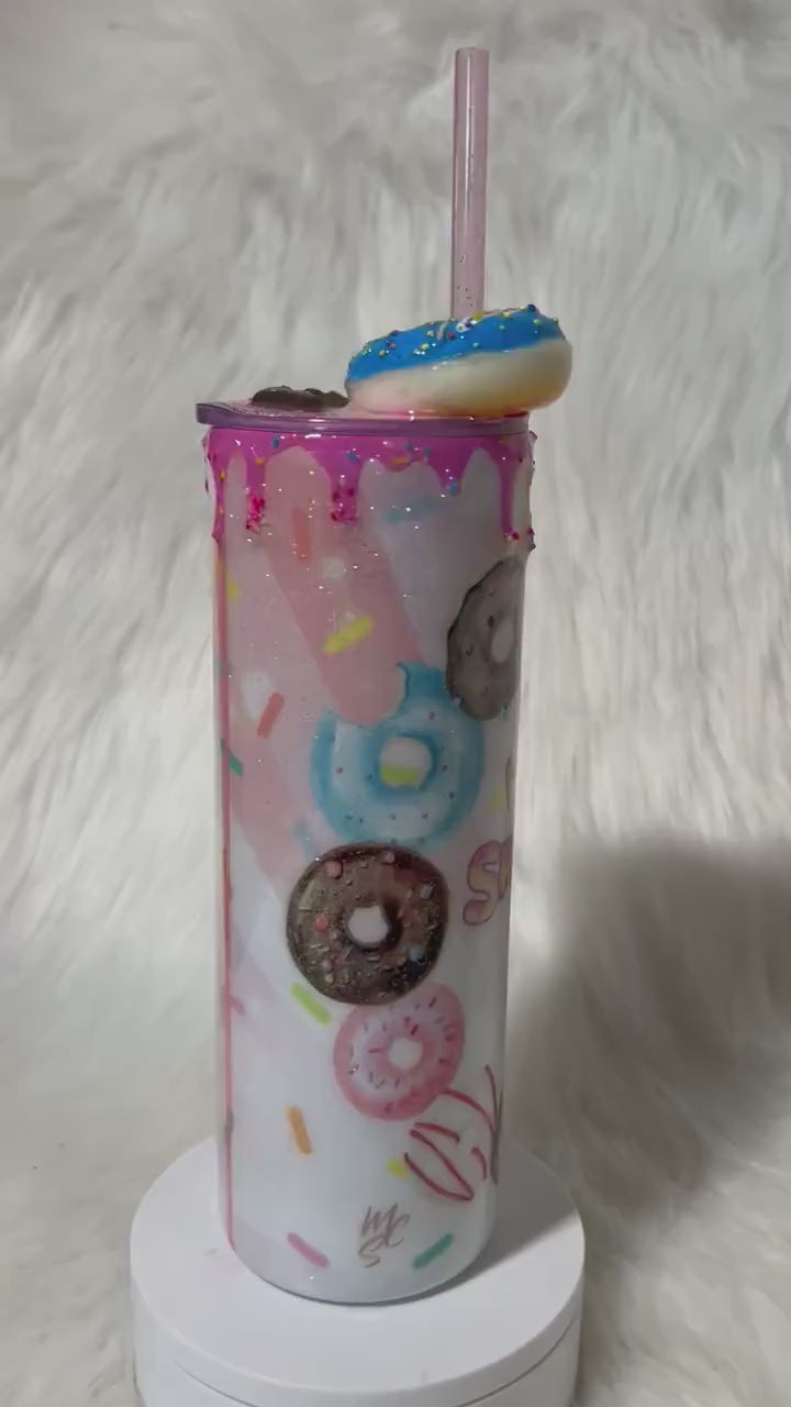 Donut Tumbler, 20oz Straight Skinny Whatever Sprinkles Ya Donut with 3d donut and chocolate pieces topper with a touch of glitter