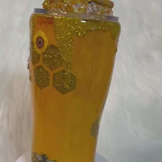 Bee Tumbler, honey bee and sunflowers 3D Tumbler with removable 3d Topper, 3d bees and honey dripping peekaboo glitter tumbler, gift for her