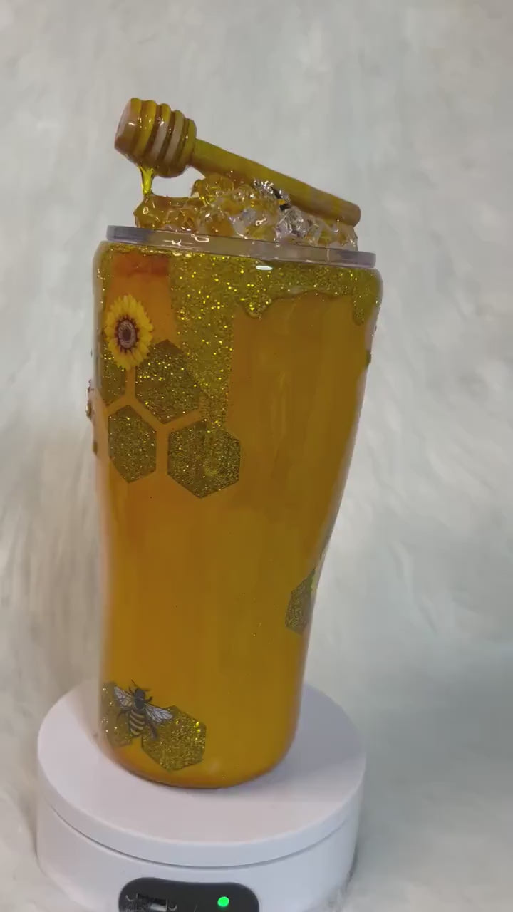 Bee Tumbler, honey bee and sunflowers 3D Tumbler with removable 3d Topper, 3d bees and honey dripping peekaboo glitter tumbler, gift for her