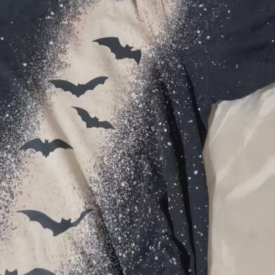 Black T-shirt bleach distressed bats top, Halloween or any occasion shirt. Gift for her.