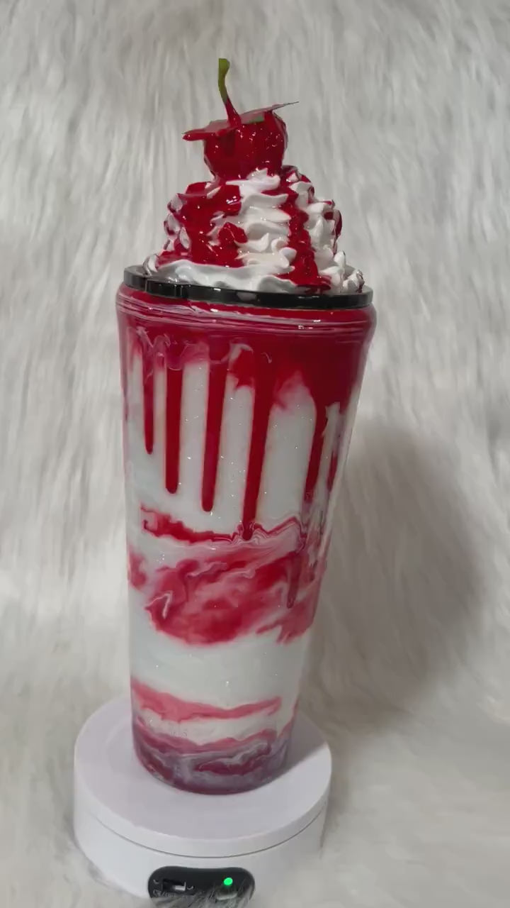 Strawberry Mocha Tumbler: 3D Topper, Glitter Drip Cup