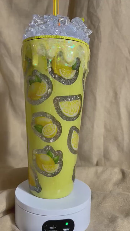 Lemonade Tumbler (the zest is yet to come) Peekaboo Snow Globe Tumbler (24oz) with ice and lemons topper.